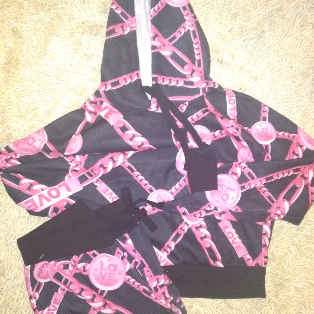 Black and Pink chain print hoodie sweatsuit